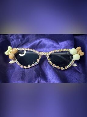 Rhinestone/pearl embellished cat eye sunglasses with cherry charms